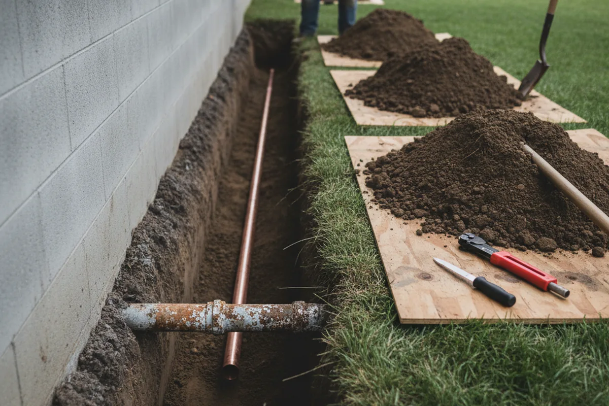 Excavated water line trench during Water Softener Installation in Bethel